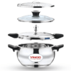 Vinod Magic Stainless Steel Smart 3 in 1 Pressure Cooker 3.5 Litre | 5mm Thick Base | All in One Cooker with Strainer & Glass Lid | Induction and Gas Base | ISI certified | 2 Years Warranty